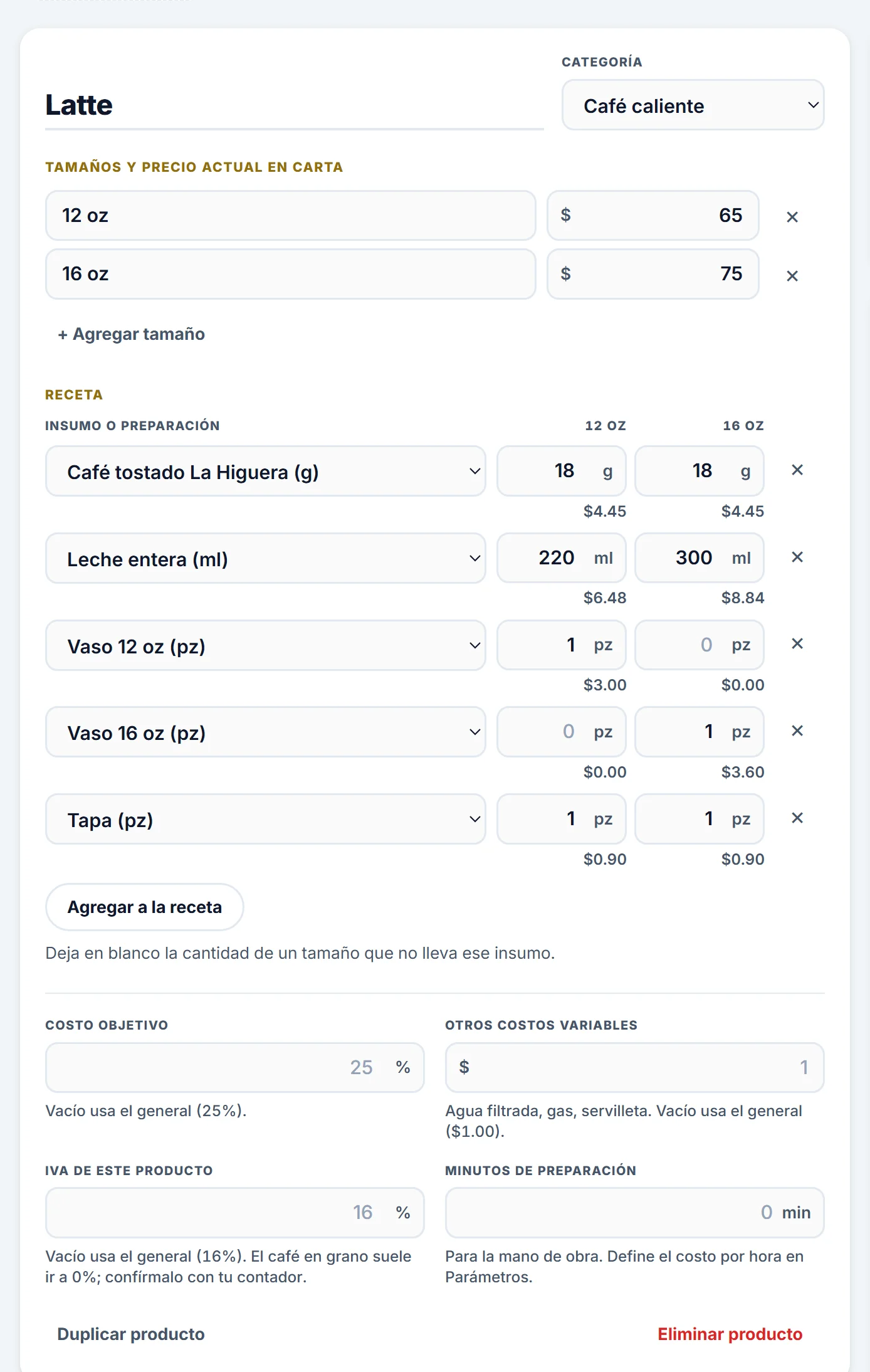 Receta del latte en 12 y 16 onzas con café tostado, leche entera, vasos y tapa, y el costo de cada línea por tamaño