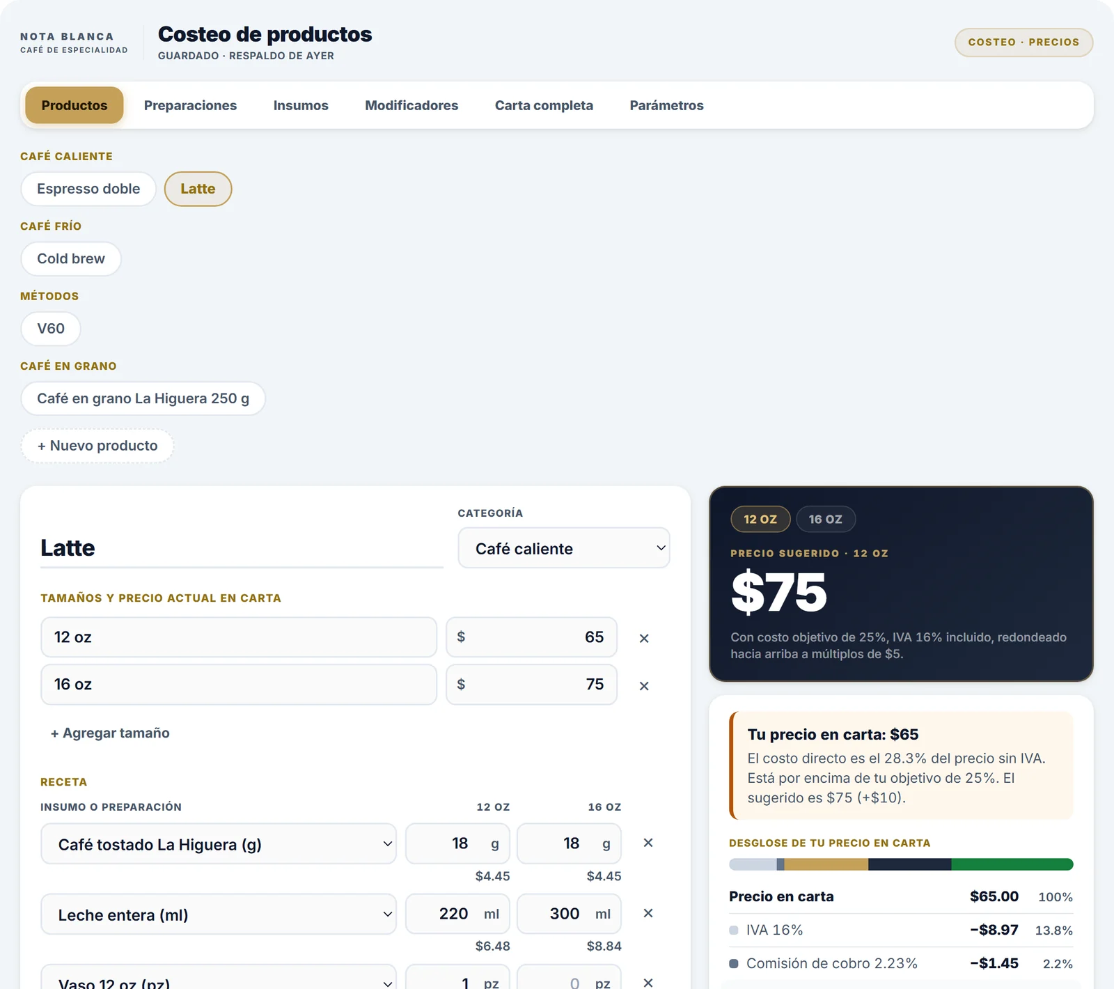 Vista general del Calculador de Precios de Nota Blanca Labs con productos por categoría, receta del latte y precio sugerido de 75 pesos